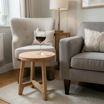 Cork used as side table next to wine glass armchair, tiny living room