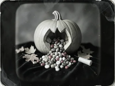 A pile of Halloween candy spilling from a carved pumpkin onto black velvet with 