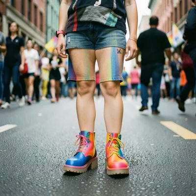 Platform boots in pride colors, street level view, parade pavement