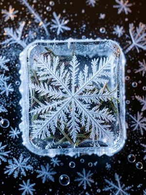 Macro of frozen herbs in ice cube, air bubbles and leaf veins visible through cr