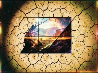 Grid of squares merged with cracked desert mud, geometric order confronting natu