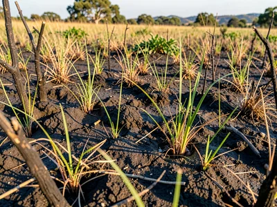 Burned grassland with new blades pushing through ash