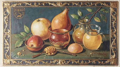 Egg tempera illustration, figs and honey arrangement , yolk-bound pigment, gold 