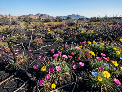 Fire-following wildflowers creating color field on black