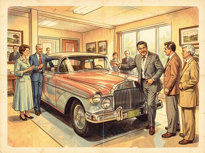 A car showroom with a gleaming finned automobile, a salesman gesturing to the fe