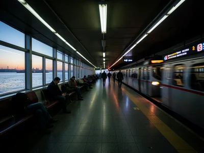 A ferry terminal at dawn: the vast waiting room, a few early commuters, the wate