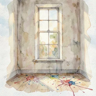 atmospheric watercolor of a tall studio window with paint splatters on the floor