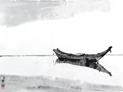 Boat on calm water, only hull and reflection visible, sky unmarked