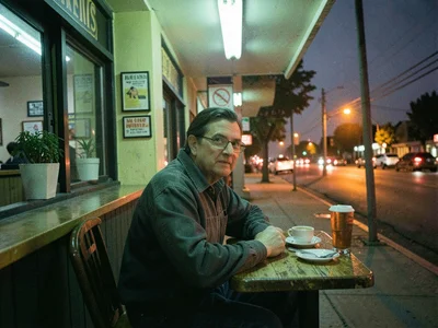 Last patron at a closing diner, fluorescent light mixing with sodium street glow