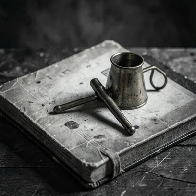 Charcoal study of a brass funnel and dropper resting on a worn ledger, single dr
