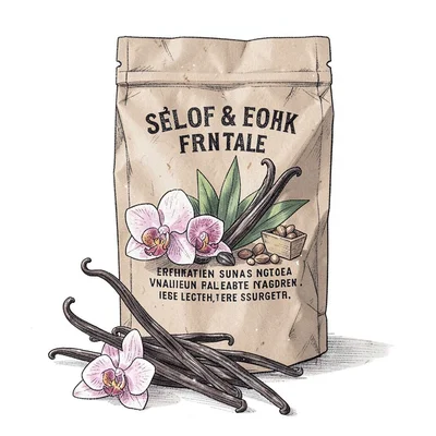 Artisan food packaging illustration, Vanilla beans with orchid flower , farm-to-