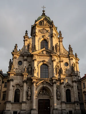 Baroque church facade in Prague, ornate stone carvings, overcast sky creating ev