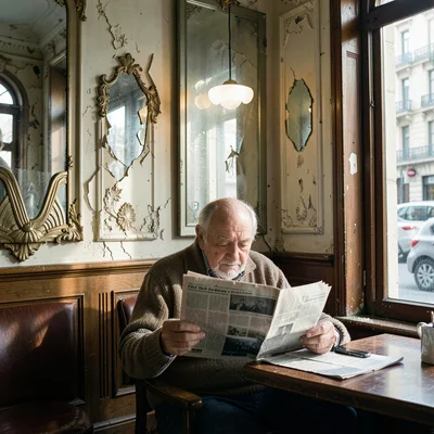Buenos Aires faded grandeur, belle époque decay, An elderly man reading newspape