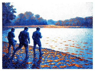 Bathers at a riverbank — figures as dot silhouettes, water as shimmering blue-or