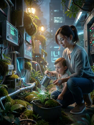 Mom showing child how to water plants with small watering can