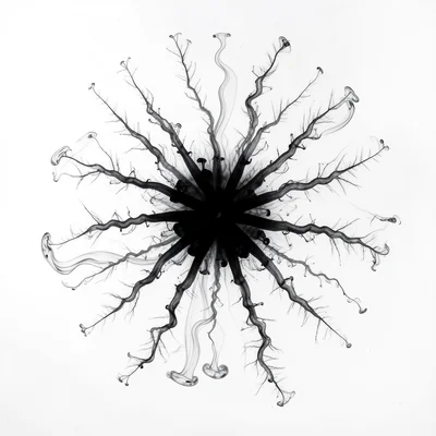 Single drop of black ink blooming in still water, symmetrical fractal tendrils e