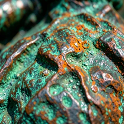 Bronze sculpture detail showing mixed patina, green in recesses and polished hig