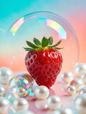 Wet-look glass strawberry shot in studio macro on a polished pearl floor with a
