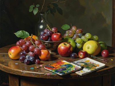 Still life with fruits — some photorealistic, some rendered as oil paint, mixed 