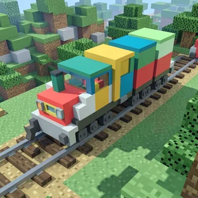 Voxel 3D illustration, blocky train on tracks , cubic voxel construction, blocky