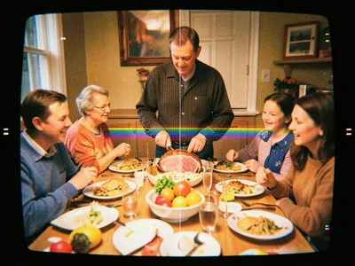 A family gathered around the Easter dinner table, someone standing to carve the 