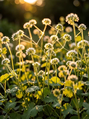 Cilantro going to seed, the delicate white flowers on threadlike stems, backlit 