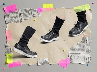 Several taped-down photographic feet walk off in different directions across a p