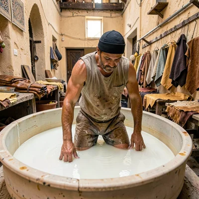 Through the Fes tannery eye, leather and dye craft, A tanner wading thigh-deep i
