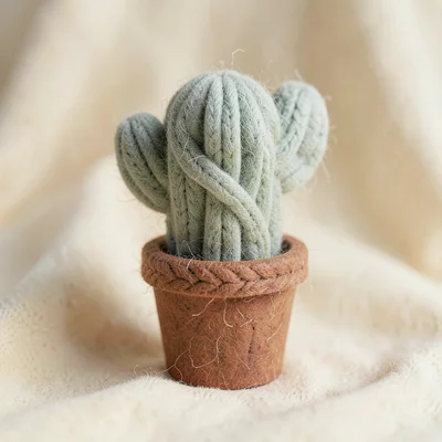 Soft sage-green hand-knit cactus in a faded-rust pot with thick cable-knit ridge