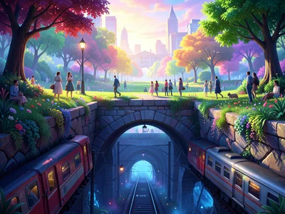 City park with people above, underground tunnel system with trains below