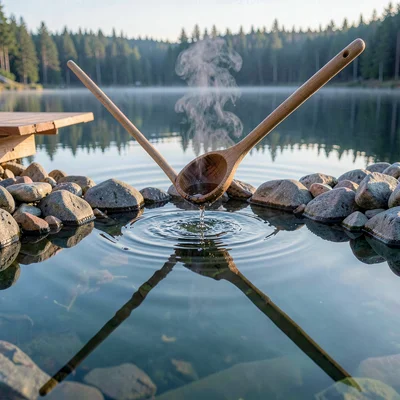 Finnish lake mirror, dead-calm reflection, a wooden ladle pouring water onto sau