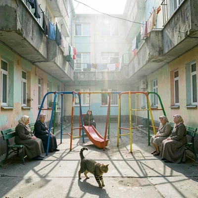 Post-Soviet urban photography, A courtyard between apartment blocks, children on