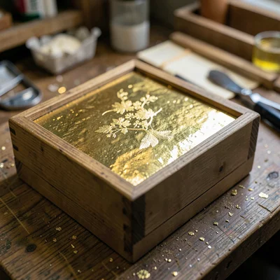 Kanazawa gold leaf craft, extreme delicacy, gold leaf applied to wooden box lid,