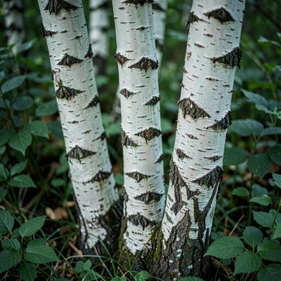 Cluster of birch trunks against a deep green understory, bark texture in sharp f