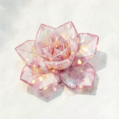 Translucent rose-quartz lowpoly rose blossom with petals as faceted pink planes 