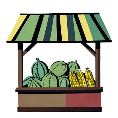 Farm stand with stacked melons and corn, bold overhead graphic arrangement