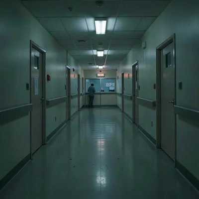 Hospital corridor at 3am with distant nurse station glow