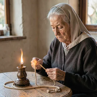 A wistful elder Greek widow in her seventies threading prayer rope, lamp on the