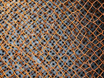 Rusted chicken wire, orange iron oxide coating the thin wire hexagons, decay add