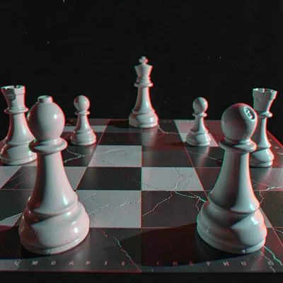 Anaglyphic stereo 3D photograph, Chess pieces on board from low angle, pawns in 