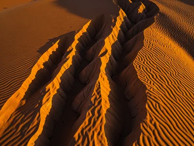 Yardang formation from above, streamlined wind-carved ridges of resistant rock b