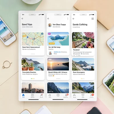 Flat UI screenshot of a saved trips collection screen, grid of trip-tile blocks,