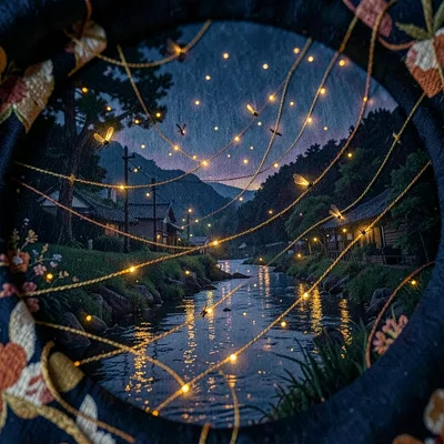 Through the textile eye of Kyoto, woven and dyed, Fireflies over a summer river 