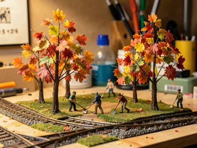 Scale autumn scene, hand-painted leaves on wire armature trees, tiny figures rak