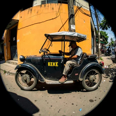 Harsh equatorial noon light casting deep shadows, Keke napep three-wheeler again