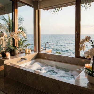 spa bath with sunken tub, ocean view, candles, orchids