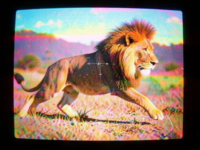 A nature documentary scene of a lion mid-pounce, frozen with heavy tracking erro