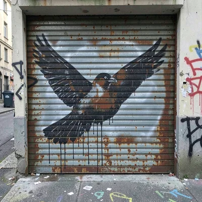 Outline of a bird in flight stencilled on a corrugated metal shutter, grey-blue 