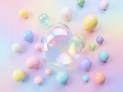 Tiny glossy spheres scattered like candy, each a different pastel color, some ma