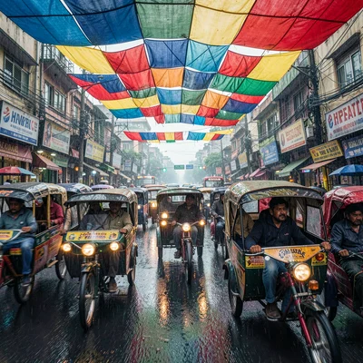 Kinetic density of Dhaka, Bangladesh, Traffic jam of rickshaws at intersection, 